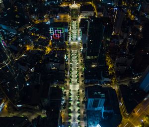 Preview wallpaper city, buildings, road, lights, aerial view, night, dark