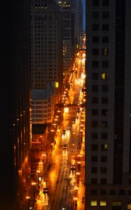 Preview wallpaper city, buildings, road, cars, lights, aerial view, dark