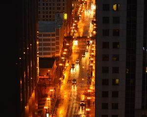 Preview wallpaper city, buildings, road, cars, lights, aerial view, dark