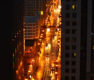 Preview wallpaper city, buildings, road, cars, lights, aerial view, dark