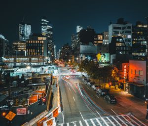 Preview wallpaper city, buildings, road, night, lights, aerial view