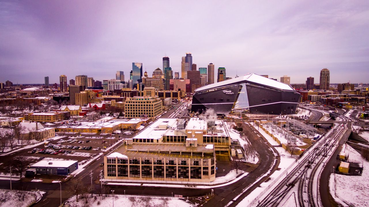 Wallpaper city, buildings, road, aerial view, winter