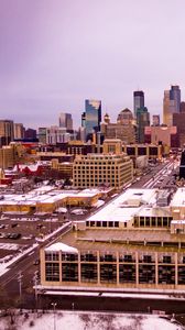 Preview wallpaper city, buildings, road, aerial view, winter