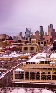 Preview wallpaper city, buildings, road, aerial view, winter