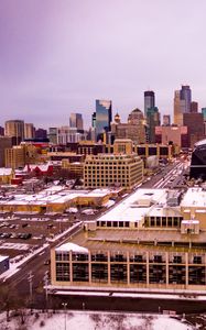 Preview wallpaper city, buildings, road, aerial view, winter