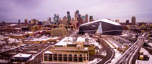 Preview wallpaper city, buildings, road, aerial view, winter
