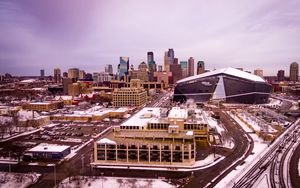 Preview wallpaper city, buildings, road, aerial view, winter