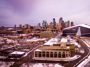 Preview wallpaper city, buildings, road, aerial view, winter
