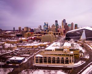 Preview wallpaper city, buildings, road, aerial view, winter