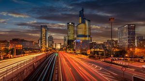 Preview wallpaper city, buildings, road, light, long exposure, twilight