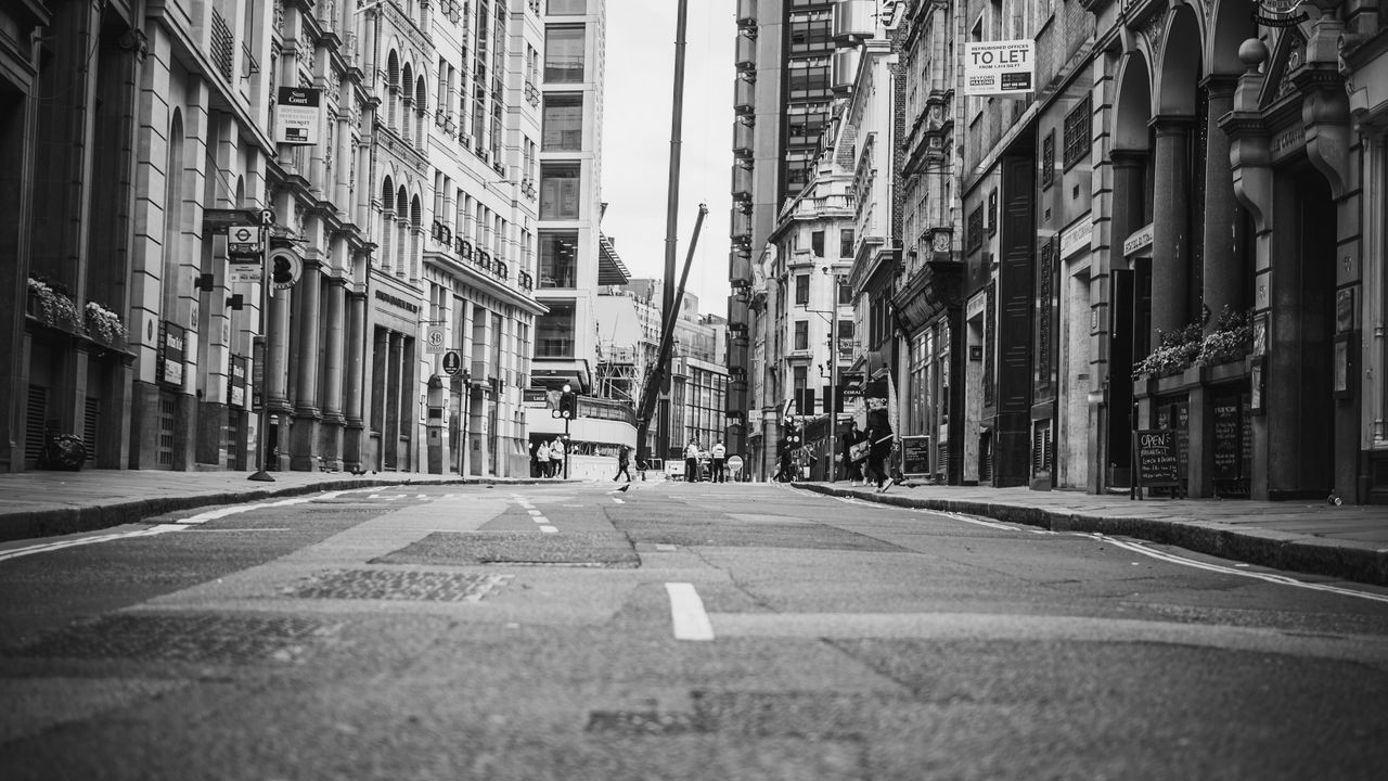 Wallpaper city, buildings, road, street, black and white