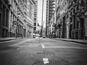 Preview wallpaper city, buildings, road, street, black and white