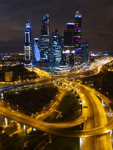 Preview wallpaper city, buildings, roads, aerial view, night, moscow, russia
