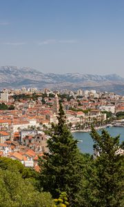 Preview wallpaper city, buildings, roofs, aerial view, architecture, trees