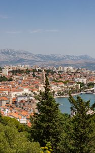 Preview wallpaper city, buildings, roofs, aerial view, architecture, trees