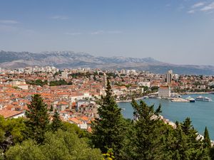 Preview wallpaper city, buildings, roofs, aerial view, architecture, trees