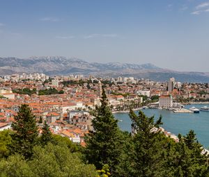 Preview wallpaper city, buildings, roofs, aerial view, architecture, trees