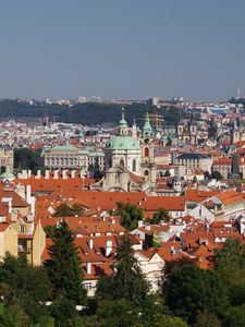 Preview wallpaper city, buildings, roofs, architecture, trees, aerial view