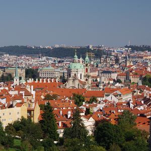 Preview wallpaper city, buildings, roofs, architecture, trees, aerial view