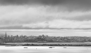 Preview wallpaper city, buildings, sea, ships, bw