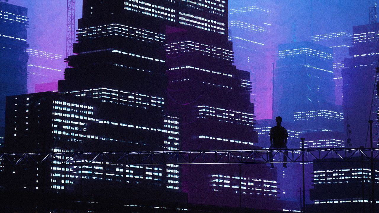 Wallpaper city, buildings, silhouette, alone, purple, dark