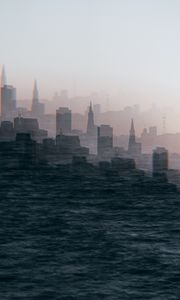 Preview wallpaper city, buildings, silhouettes, illusion, water, waves