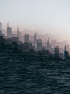 Preview wallpaper city, buildings, silhouettes, illusion, water, waves