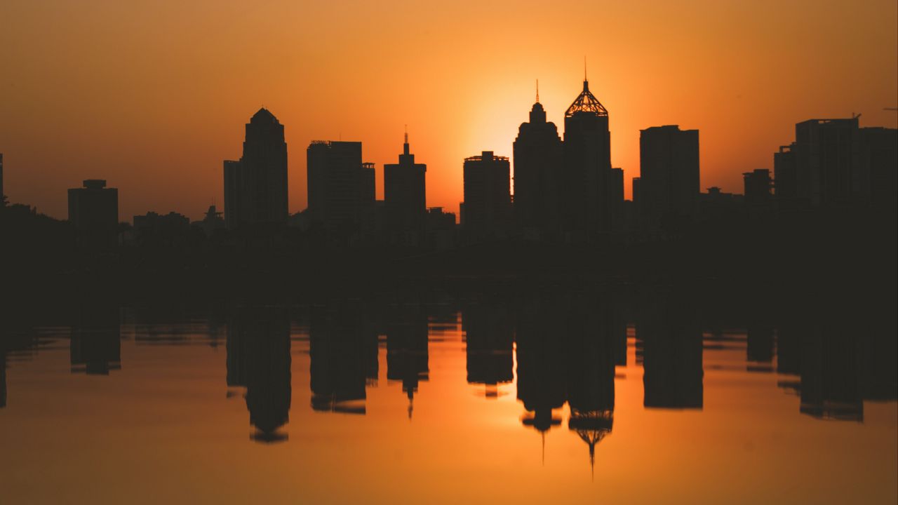 Wallpaper city, buildings, silhouettes, sunset, water, reflection, dark