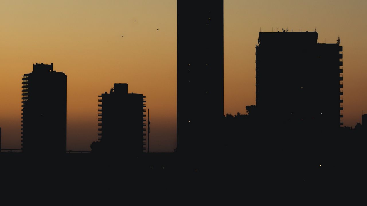 Wallpaper city, buildings, silhouettes, twilight, dark