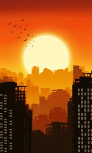 Preview wallpaper city, buildings, silhouettes, sun, sunset, vector, art