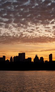 Preview wallpaper city, buildings, silhouettes, water, twilight, dark