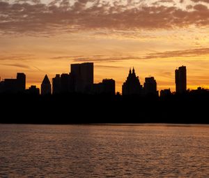 Preview wallpaper city, buildings, silhouettes, water, twilight, dark