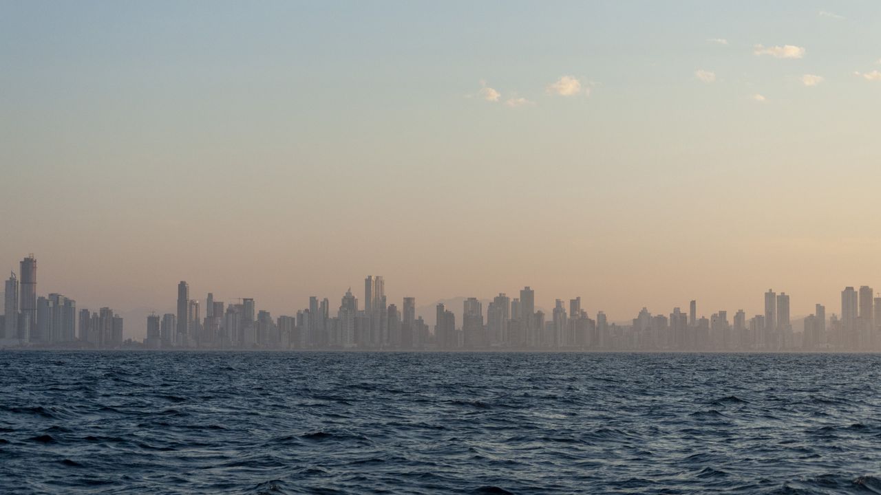 Wallpaper city, buildings, silhouettes, water, waves