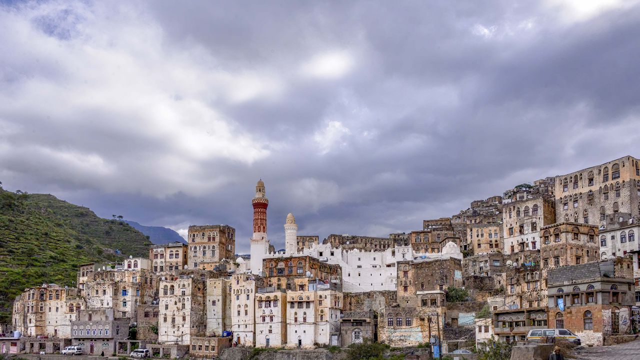 Wallpaper city, buildings, sky, hills, clouds