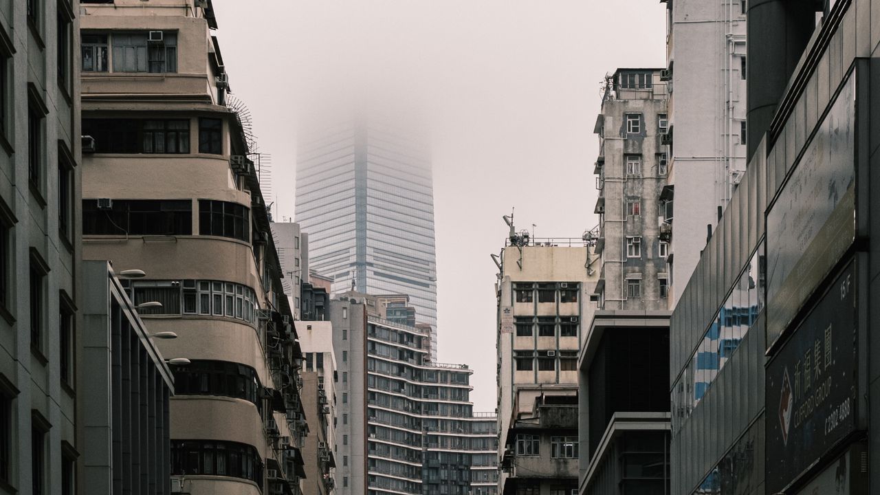 Wallpaper city, buildings, skyscraper, fog