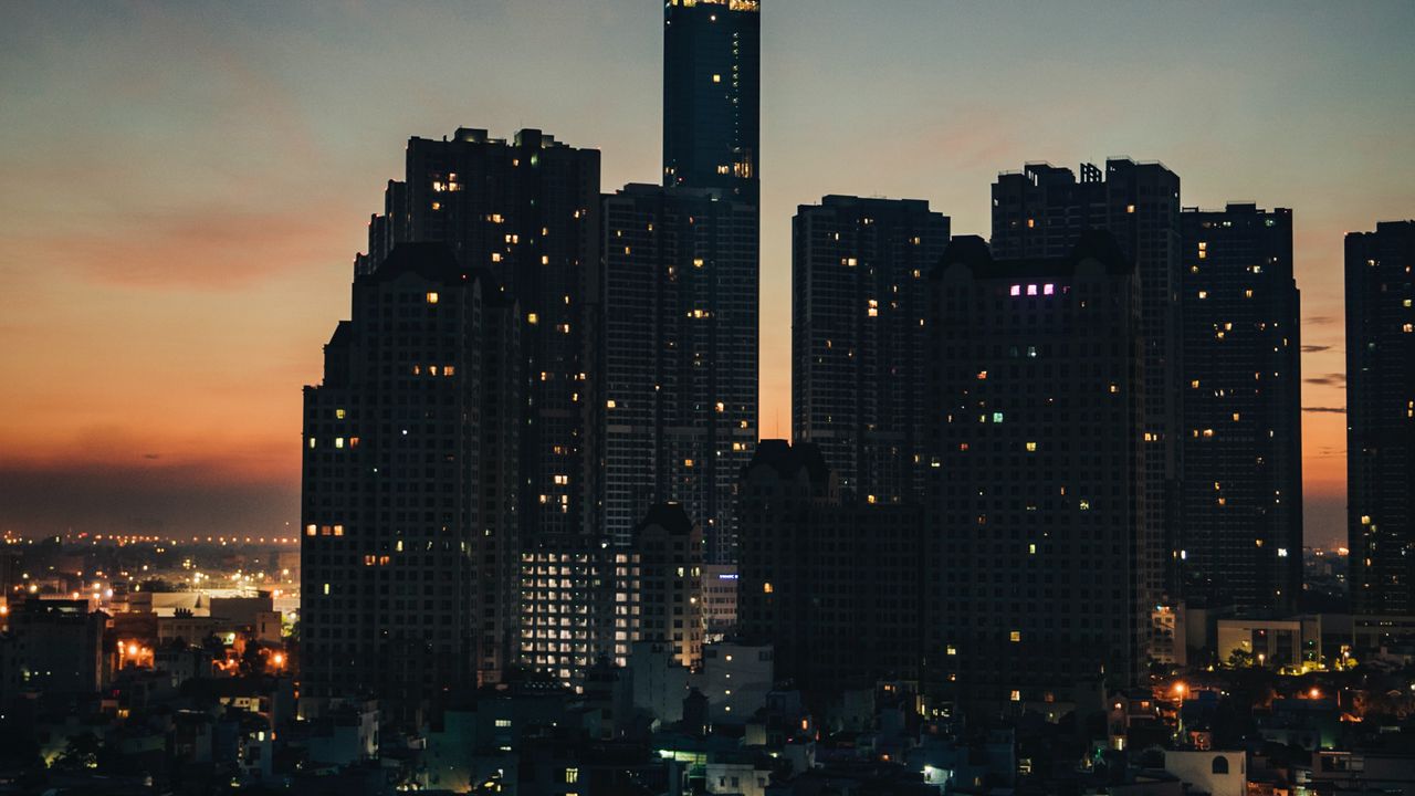 Wallpaper city, buildings, skyscrapers, dusk, evening