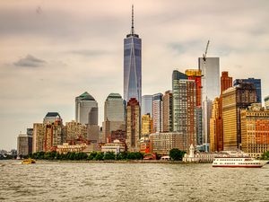 Preview wallpaper city, buildings, skyscrapers, river, shore