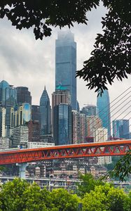 Preview wallpaper city, buildings, skyscrapers, bridge, trees, view