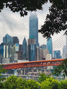 Preview wallpaper city, buildings, skyscrapers, bridge, trees, view