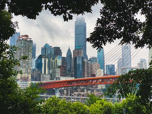 Preview wallpaper city, buildings, skyscrapers, bridge, trees, view