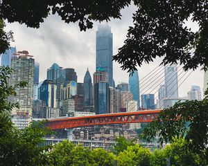 Preview wallpaper city, buildings, skyscrapers, bridge, trees, view
