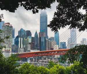 Preview wallpaper city, buildings, skyscrapers, bridge, trees, view