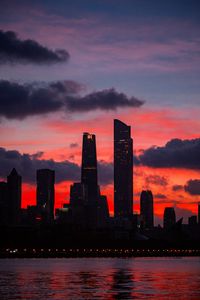 Preview wallpaper city, buildings, skyscrapers, dusk, sunset, dark
