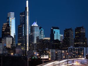 Preview wallpaper city, buildings, skyscrapers, road, night, lights