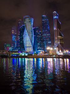 Preview wallpaper city, buildings, skyscrapers, lights, moscow-city, moscow