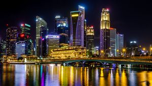 Preview wallpaper city, buildings, skyscrapers, backlight, water, night
