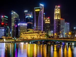 Preview wallpaper city, buildings, skyscrapers, backlight, water, night