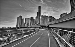 Preview wallpaper city, buildings, skyscrapers, walkway, black and white