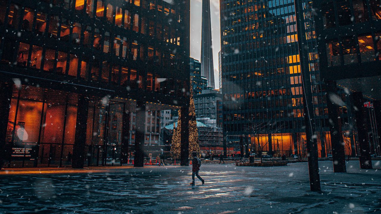 Wallpaper city, buildings, snow, winter, square