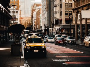 Preview wallpaper city, buildings, street, taxi